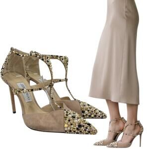 Jimmy Choo Sanoi Crystals Beige Suede Embellished Shoes Size 38